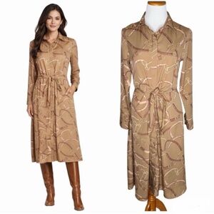 Lauren Ralph Lauren Tie Waist Shirt Dress Size 6 Camel Chain Pattern Equestrian